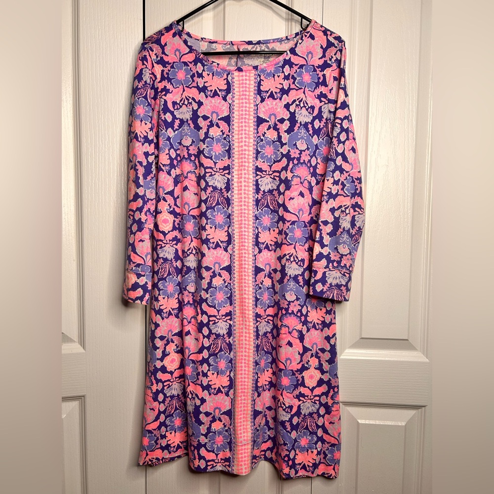 Lilly Pulitzer Marlowe Iris Blue Werk It Shirt Dress Pima Floral Women's Large L